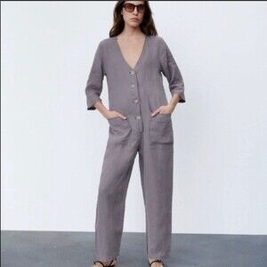 Zara Gray Lillian Linen Button Front Romper/Jumpsuit NWT